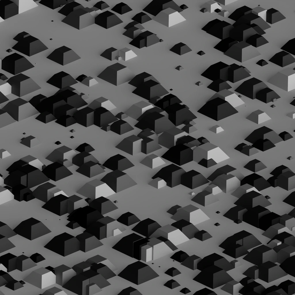 Static isometric rendering of a layered 3D world on a dark surface panel